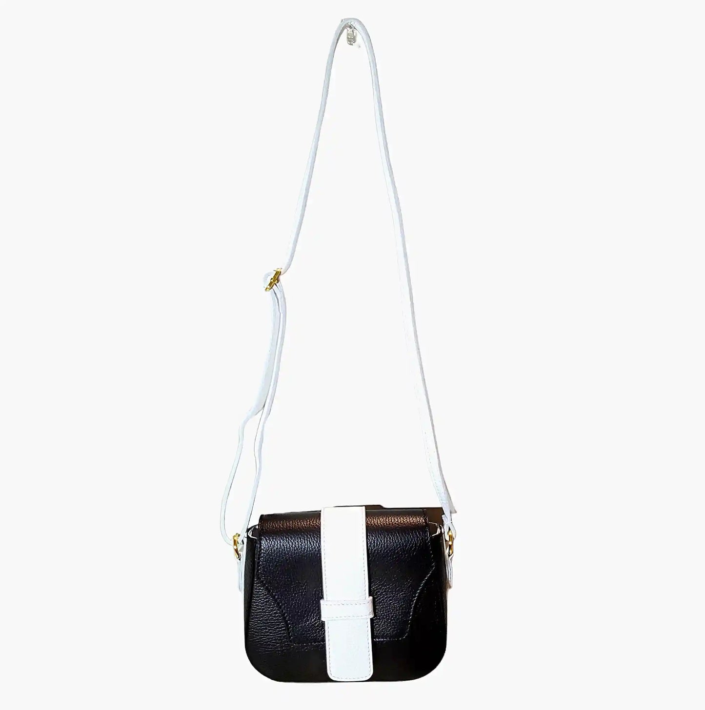 Saddle-Bag-Black-white-Ladies-leather-bag-strap-view