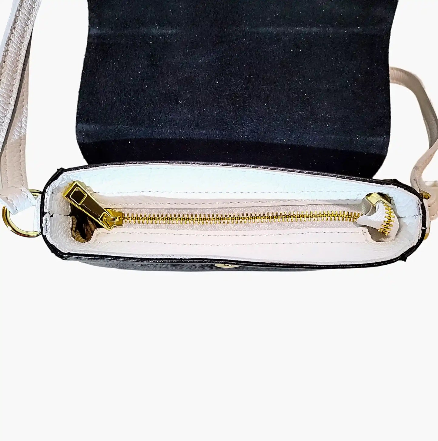 Saddle-Bag-Black-white-leather-zip-view