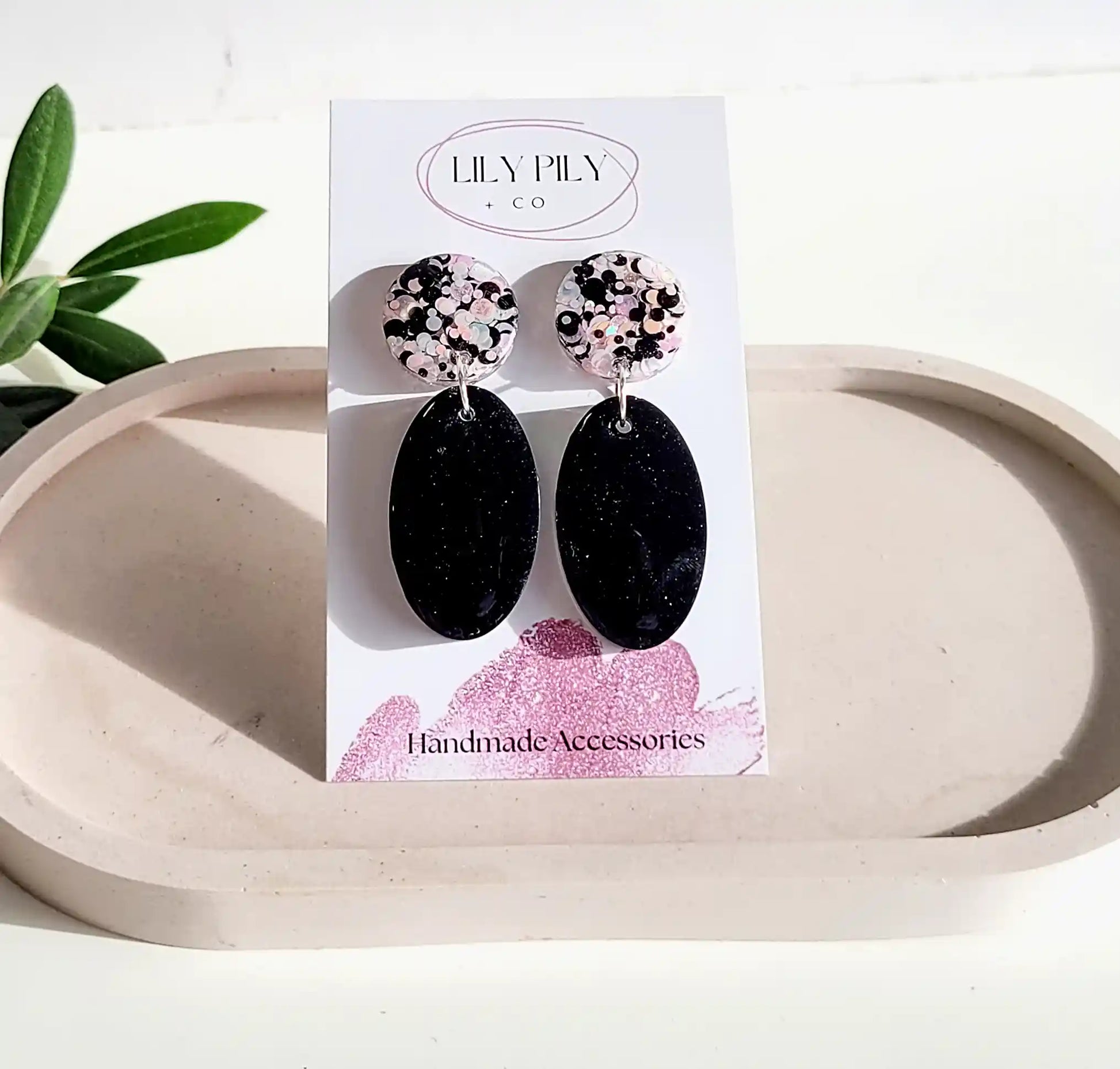 Dangle-Earrings-Black-Pink-White-Glitter-studs-Black-ovals