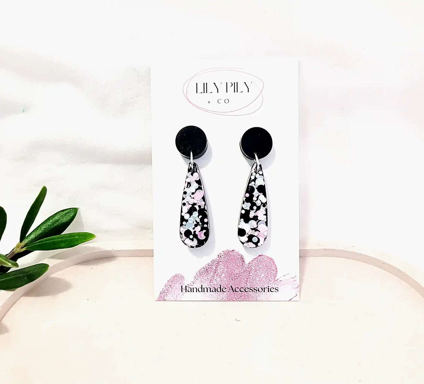 Dangle-Earrings-Black-White-Pink-Glitter-long-tear-drop-earrings