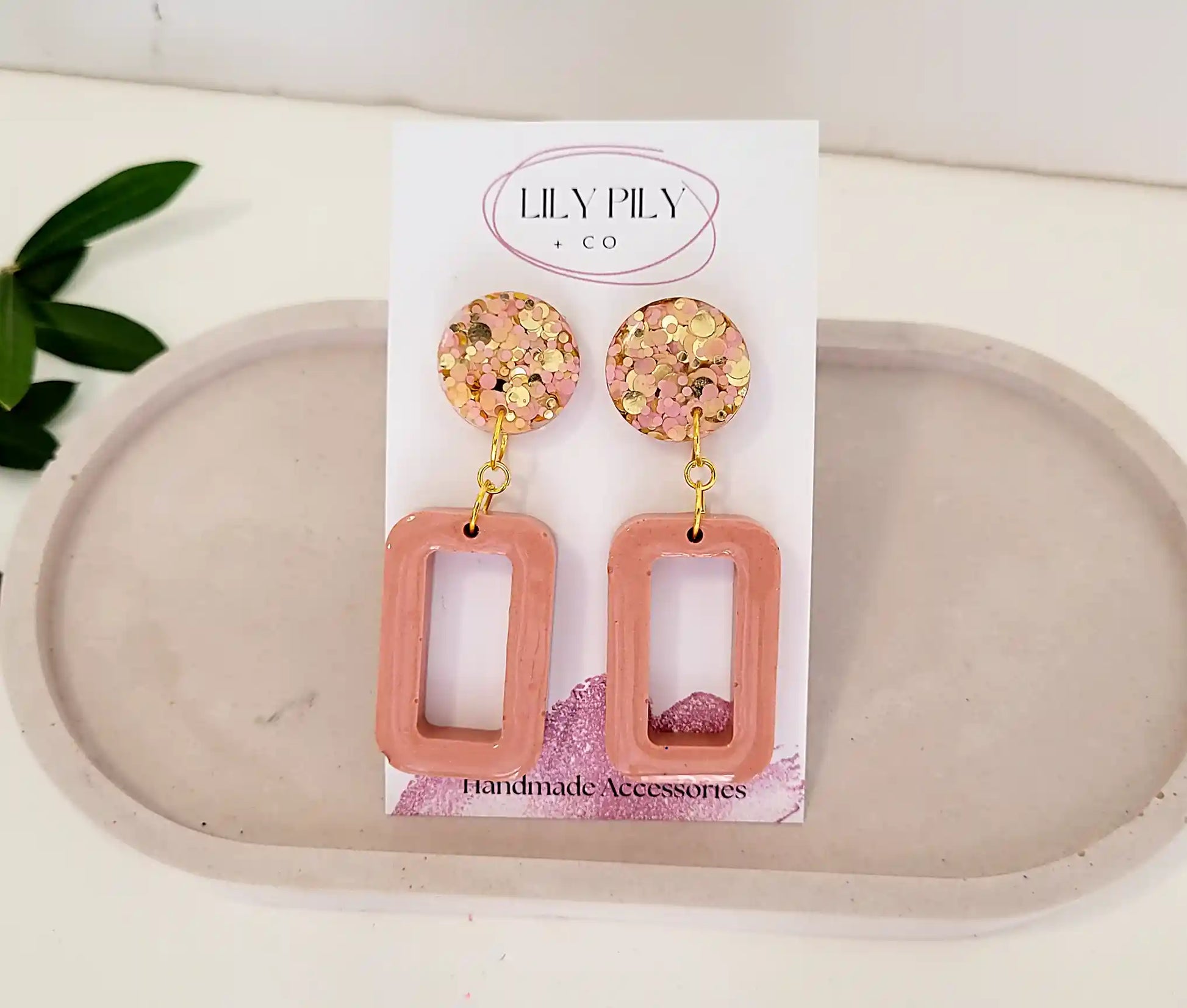 Dangle-Earrings-Dusty-pink-rectangles-Pink-Gold-Glitter-studs
