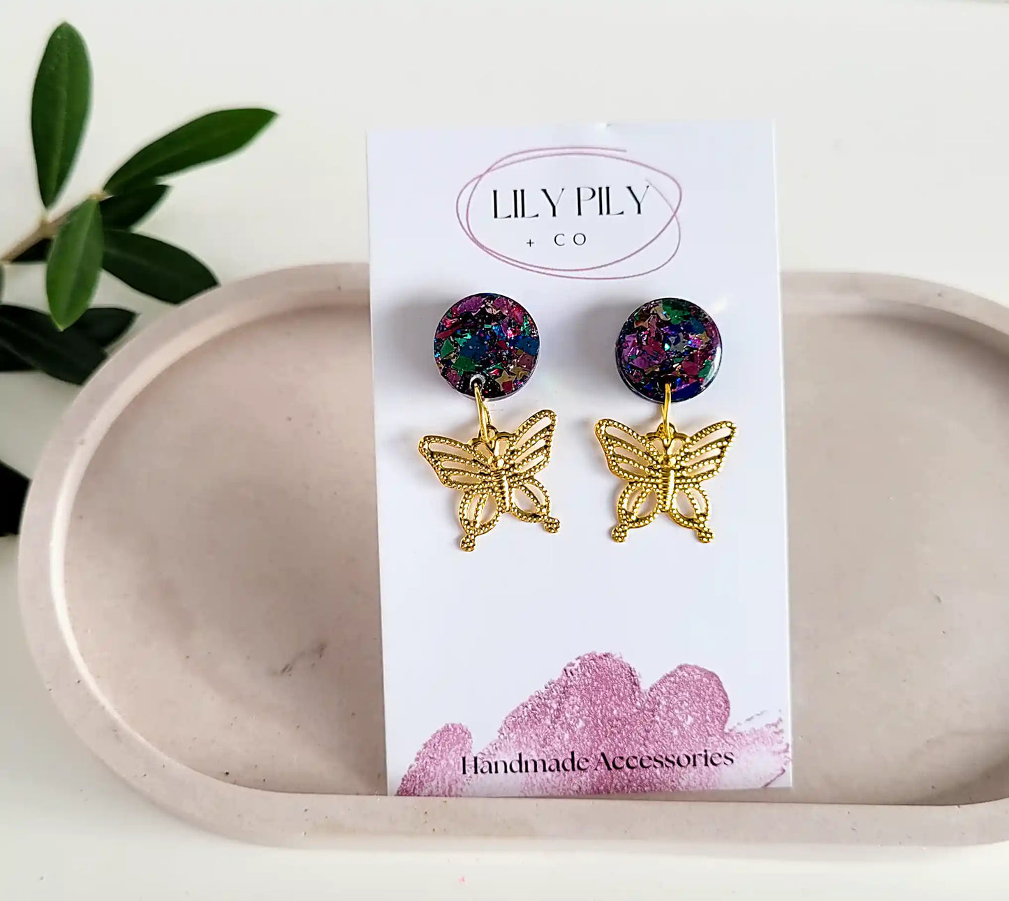 Dangle-Earrings-Multi-glitter-studs-butterfly-charms