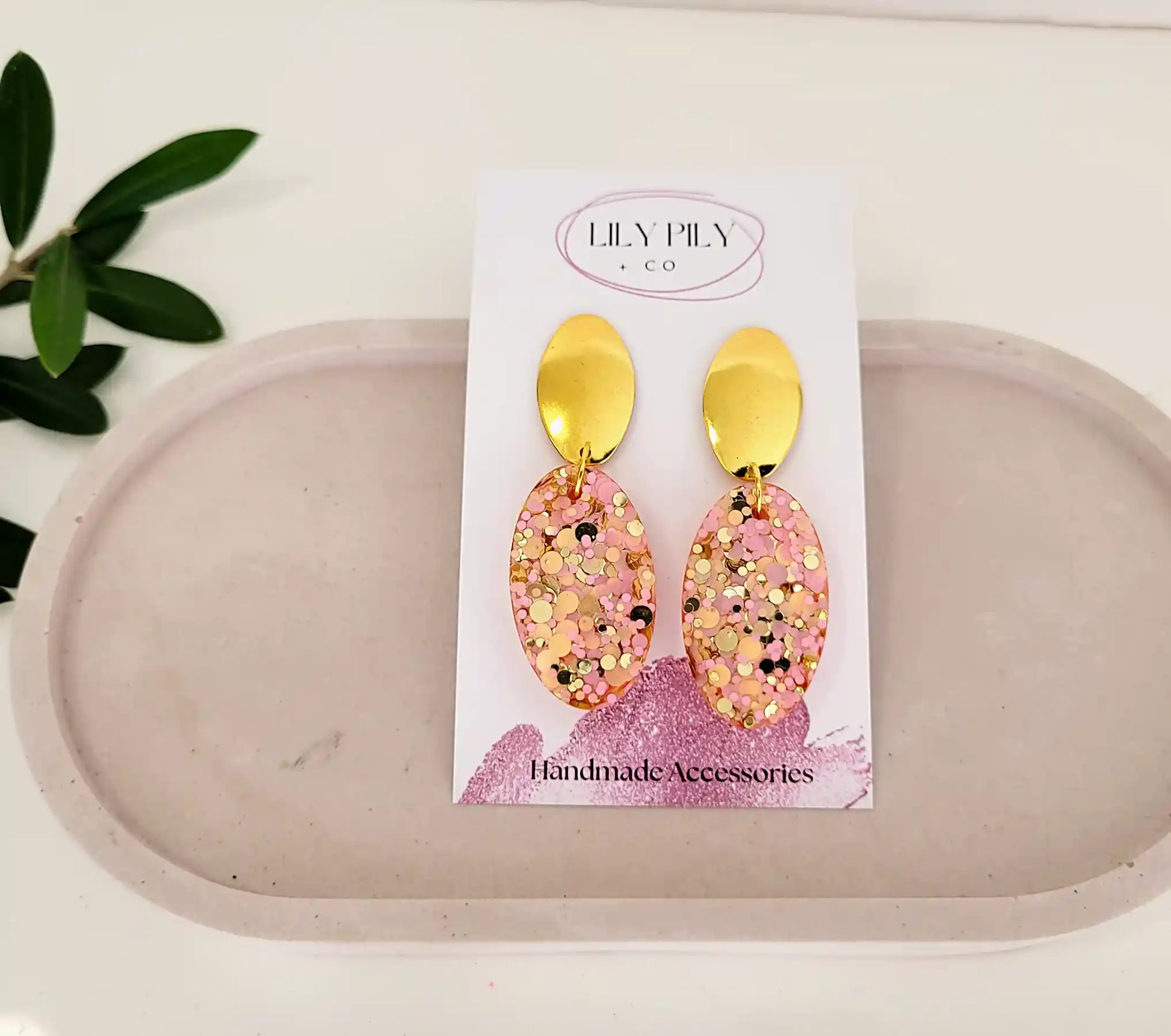 Dangle-Earrings-Pink-Gold-glitter-ovals-on-gold-oval-studs