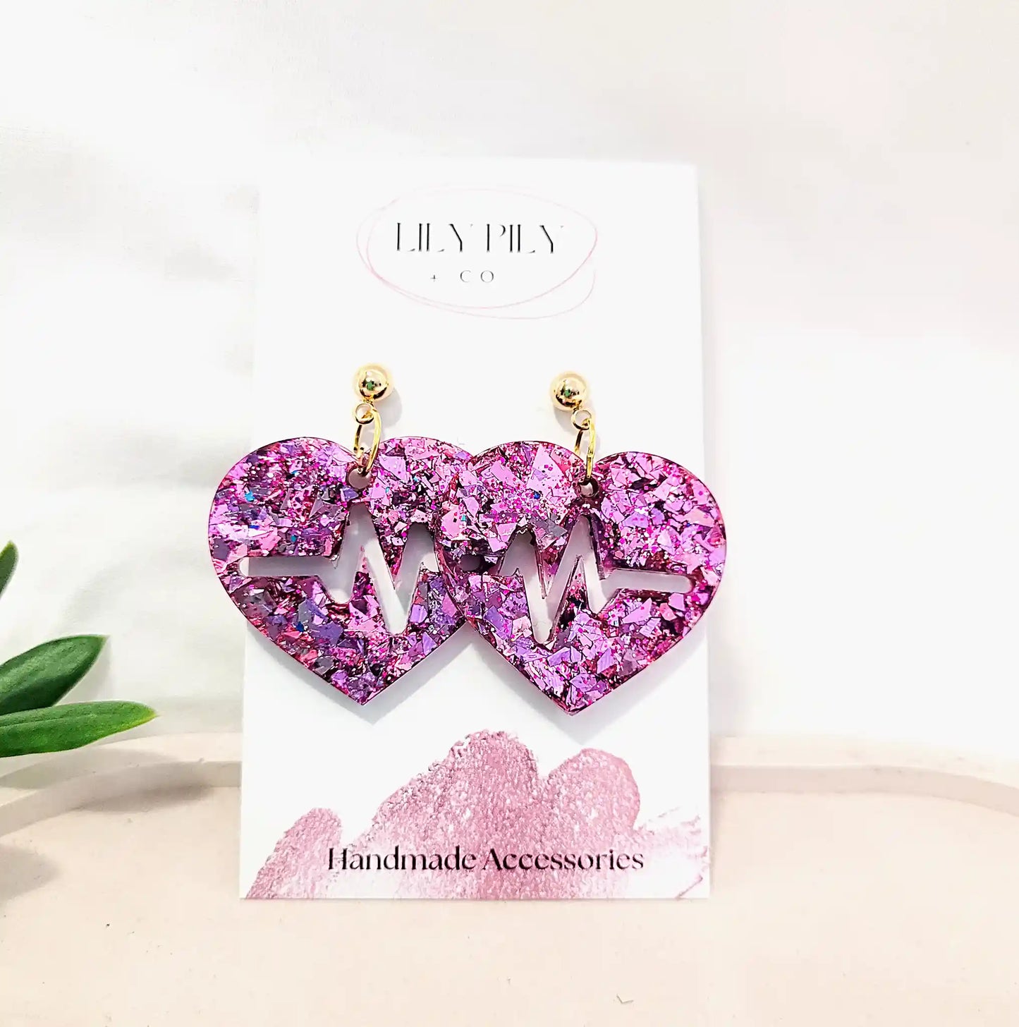 Dangle-Earrings-Purple-glitter-heart-with-heartbeat-earrings