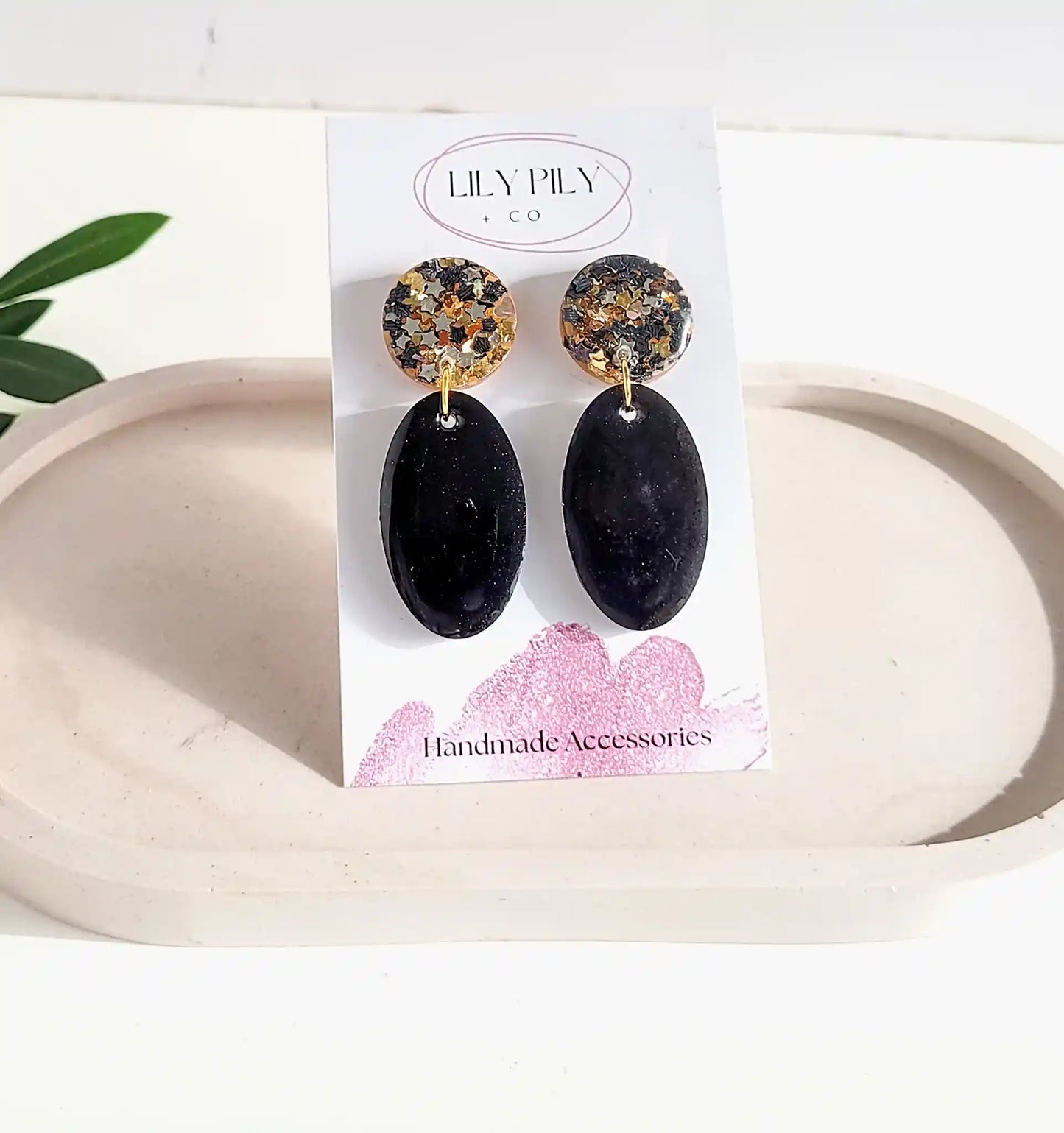 Dangle-earrings-Black-ovals-on-Black-grey-glitter-studs
