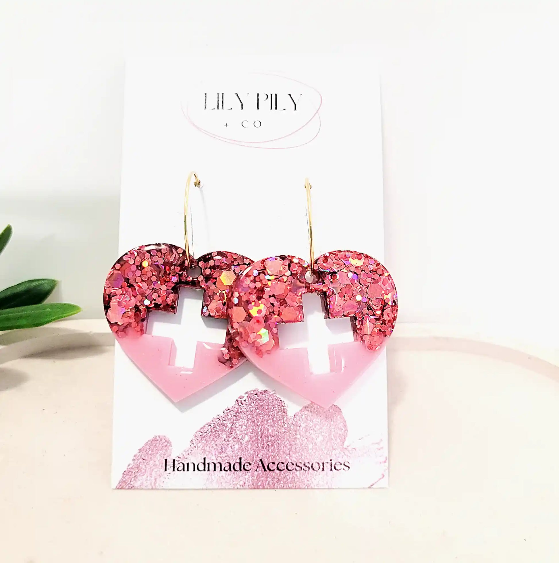 Hoop-Dangle-Earrings-Pink-Pink-glitter-heart-nurse-cross-earring