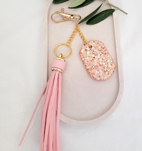Pink-Gold-Glitter-keychain-with-pink-PUleather-tassel