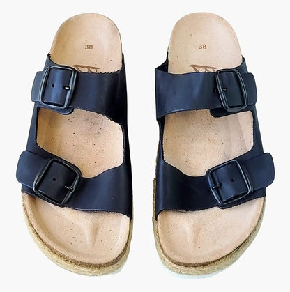 Sandals-Black-arch-support-double-buckle-side-view