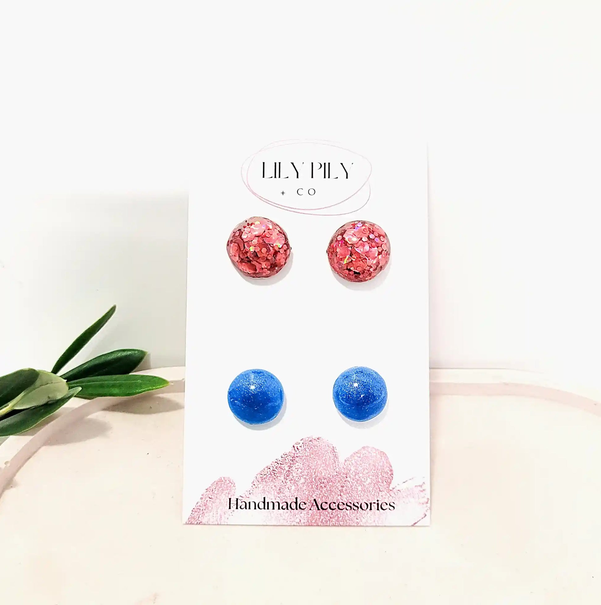 Stud-Earrings-Pink-Glitter-dome-studs-blue-dome-studs